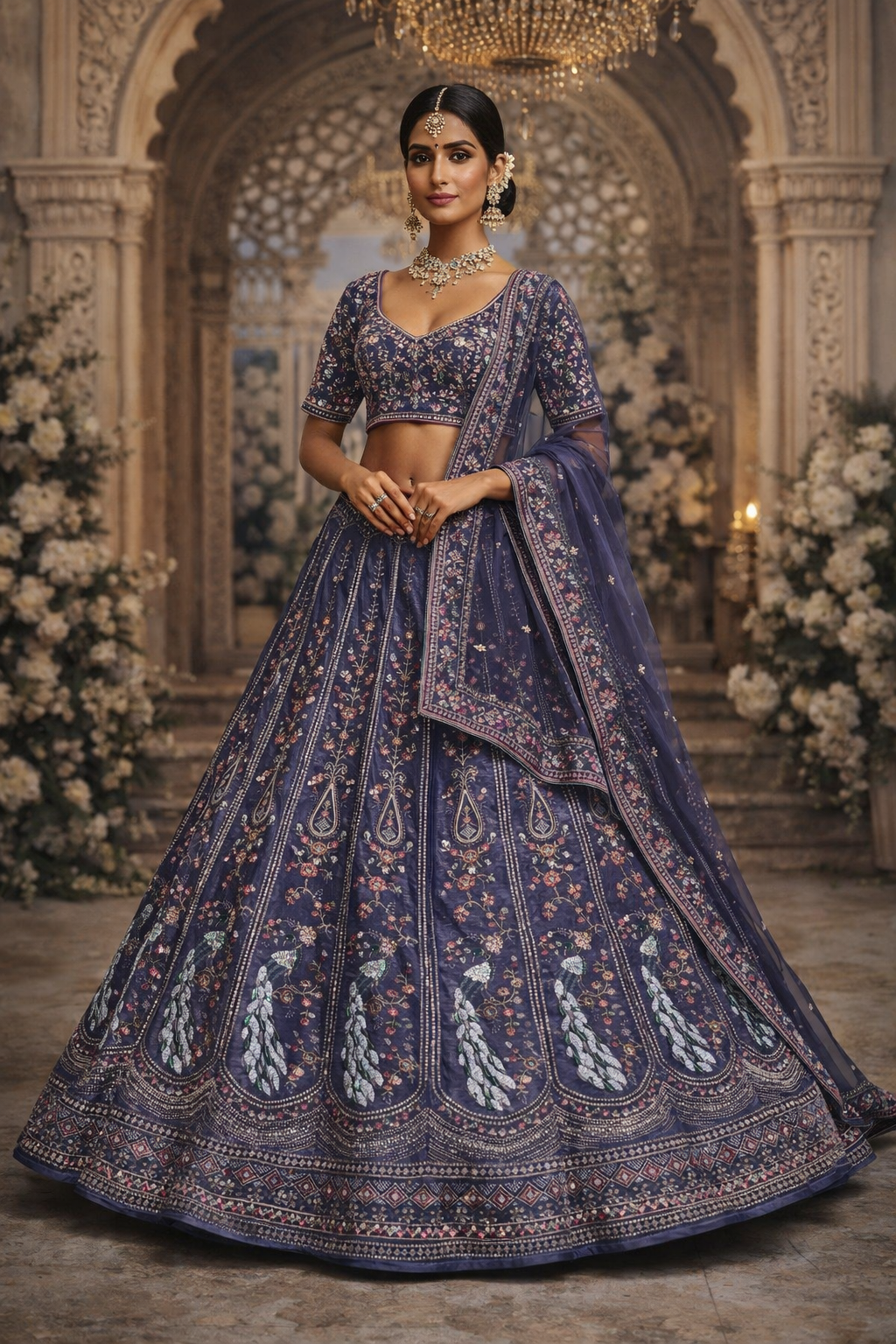 Dusty Mauve Embroidered Bridal Lehenga with Peacock Motifs & Soft Net Dupatta