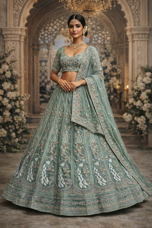 Dusty Mauve Embroidered Bridal Lehenga with Peacock Motifs & Soft Net Dupatta