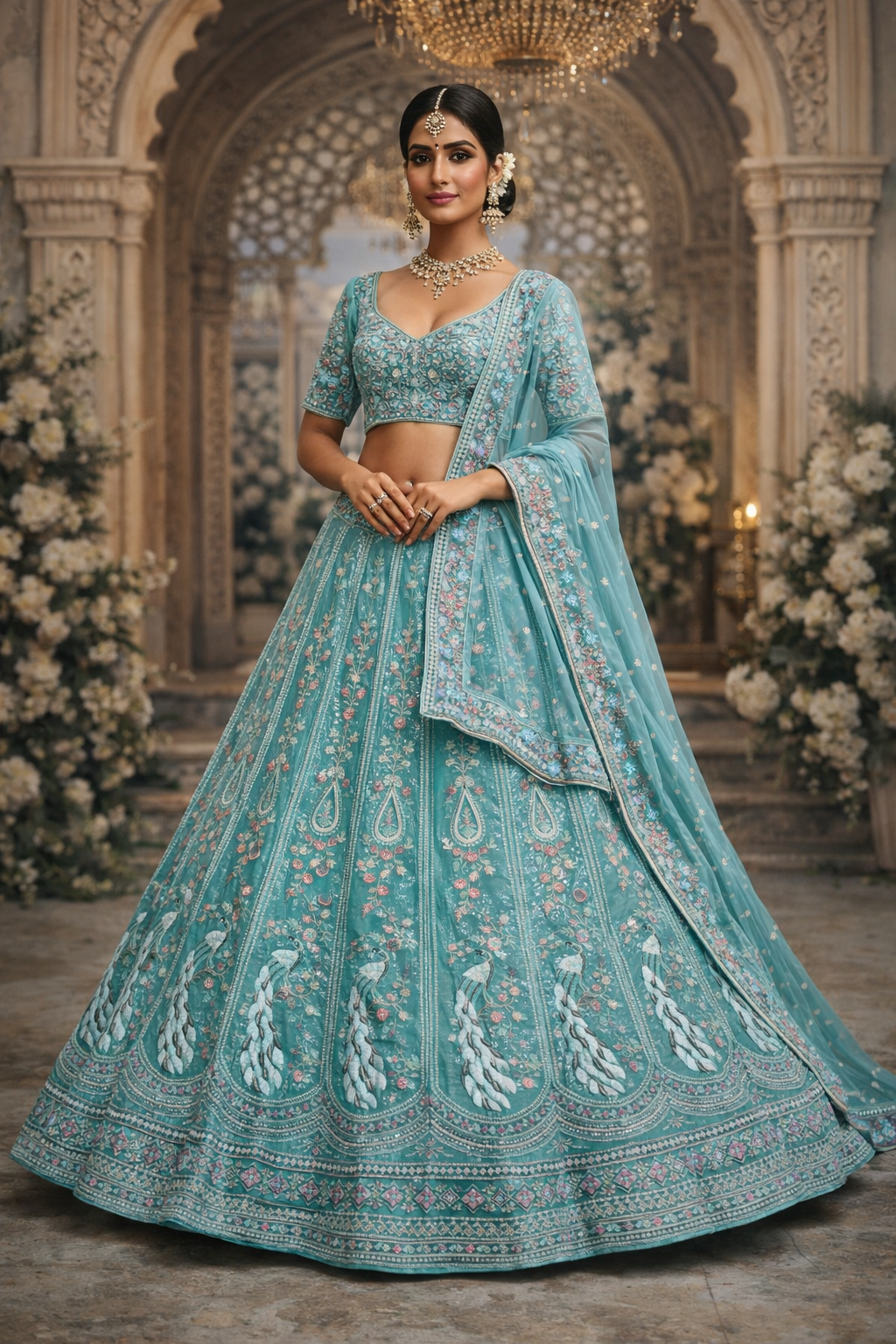 Dusty Mauve Embroidered Bridal Lehenga with Peacock Motifs & Soft Net Dupatta