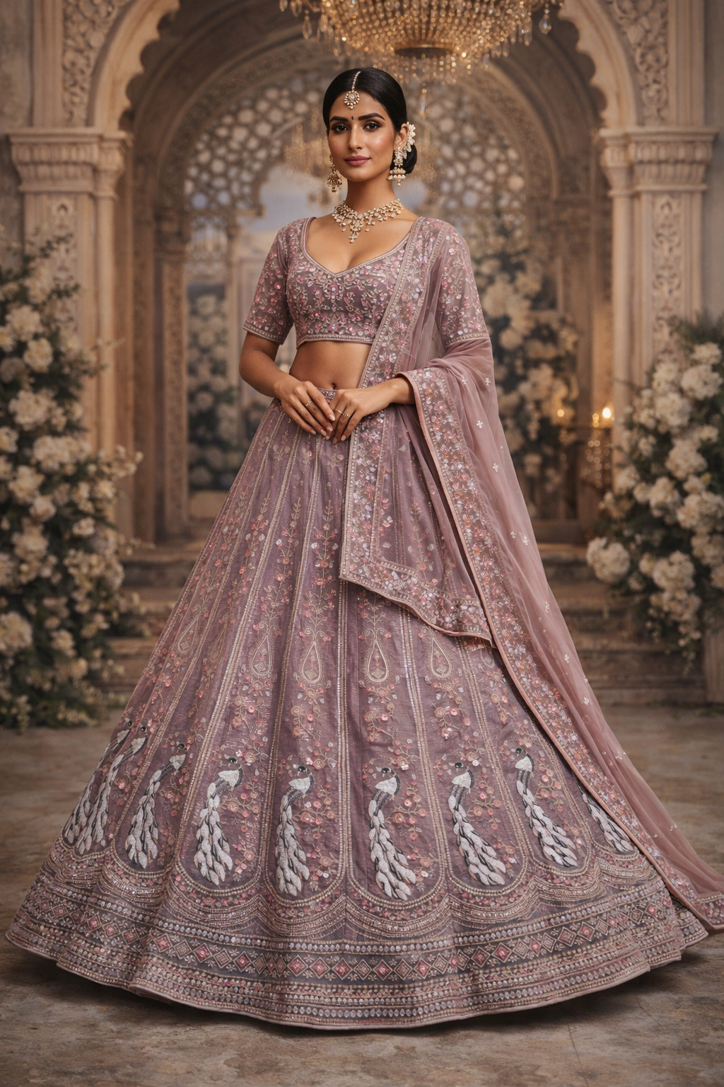 Dusty Mauve Embroidered Bridal Lehenga with Peacock Motifs & Soft Net Dupatta