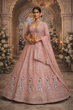 Dusty Mauve Embroidered Bridal Lehenga with Peacock Motifs & Soft Net Dupatta