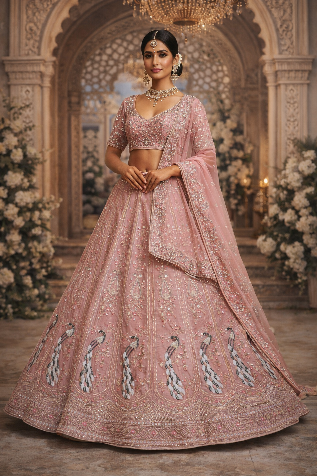 Dusty Mauve Embroidered Bridal Lehenga with Peacock Motifs & Soft Net Dupatta